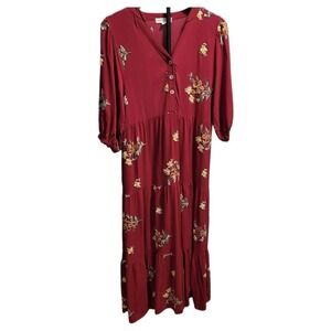 Embroidered Prarie Maxi Dress L Burgundy Tiered Dark Cottagecore Boho Western